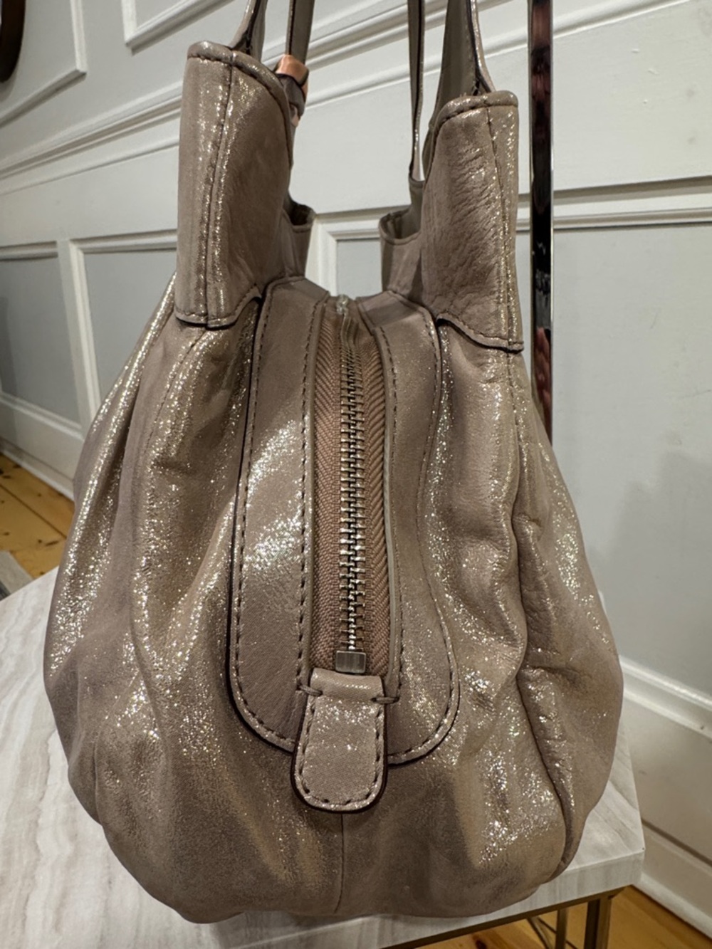 Coach Bag Lexi Metallic Gold Champagne Sparkle Leather Pleated Shoulder Bag - Picture 4 of 17